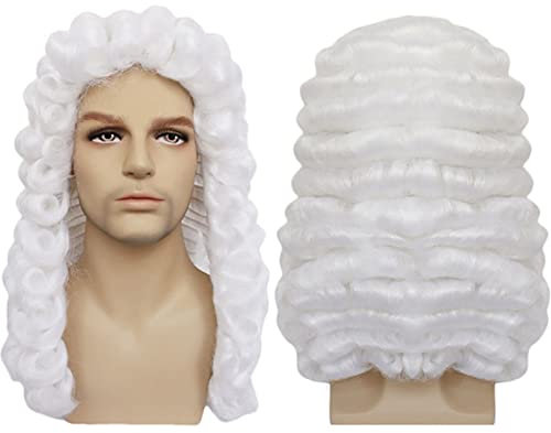 Weißer grauer männlicher Anwalt Richter Colonial Deluxe Historisches Kostüm synthetische Cosplay Perücke für Halloween,Weiß