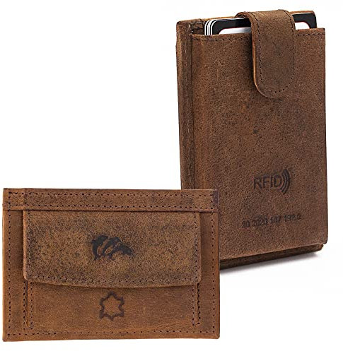 Dolphin® Kartenetui “Push&Pull” - Patentiertes Kreditkartenetui mit Münzfach - Premium Card Holder mit RFID Schutz - 100% Nappa Echtleder Slim Wallet für bis zu 10 Karten (Braun (Vintage))