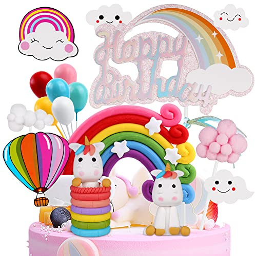 OSDUE Enhörnings tårtdekoration för födelsedag, makaron-tårtdekoration, Happy Birthday, enhörningstopper, regnbåge, moln, ballong för barn, flicka och pojke
