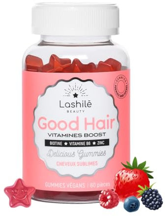 Lashilé Beauty - Complément Alimentaire - Pousse accélèrée, Croissance & Fortification des cheveux - Good Hair Vitamines - Made in France - Biotine, Zinc Vitamine B8, C, B6 - Cure 1 Mois 60 Gummies