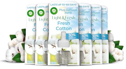 Air Wick Plug in Diffuser Refill, Fresh Cotton, Pack 6 x 19ml, Long Lasting Fragrance, Lasts up to 600 Days, Plug in Air freshener