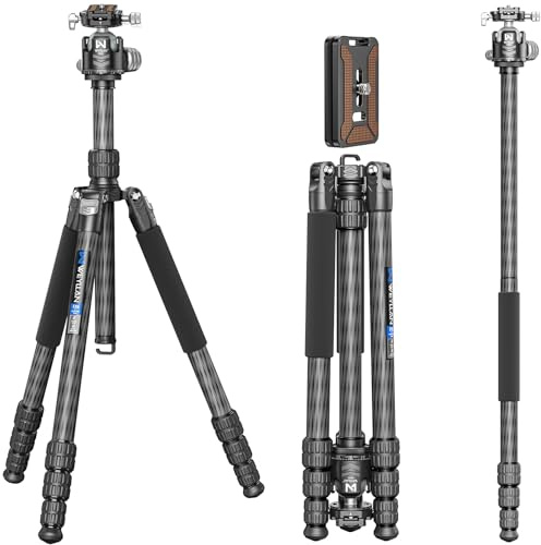 WEYLLAN Trépied Fibre Carbone174.5cm,Trépied en Fibre Carbone Tripod & Head Kit avec Rotule 44mm, pour Caméscope DSLR, Appareil Photo, Charge 20kg