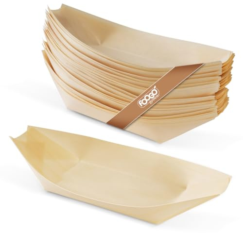 FOOGO Green 50Pcs Disposable Wooden Bamboo Boats, 9(22.9cm) | FSC® Certified, For Barbecue, Garden Party, Salad & Snacks, Eco-Friendly, Biodegradable, Wedding Party