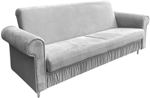 Ares Meble Sofa Karen - Sofa 3 Sitzer - Schlafsofa mit Bettkasten - Couch Schlaffunktion - Wohnzimmer Möbel - Samt - Grau - Beine Weiß