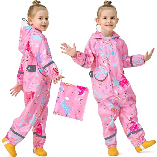Baogaier Niña Chubasqueros Chaquetas Impermeables Capa de Lluvia Unicornio Rosa Impresión Encapuchado Grande Mono de Bolsillo Reflectante Abrigos Impermeables Infantil 5-7 Años