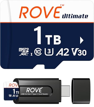 Rove Ultimate - Tarjeta de Memoria microSDXC microSDXC con Lector de Tarjetas USB 3.2 Tipo C, 170 MB/s C10, U3, V30, 4K, A2 para Dash CAM, teléfonos Inteligentes Android, tabletas, Juegos (1 TB)