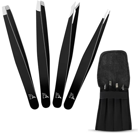 Tweezers for Facial Hair Best for Plucking Chin Facial Hair Plucking Tweezers Set for Ingrown Hair, Blackhead Removal, Eyelash Extension, Eyebrows Plucking Beauty Tool Hair for Women (Black) (4 Pcs)