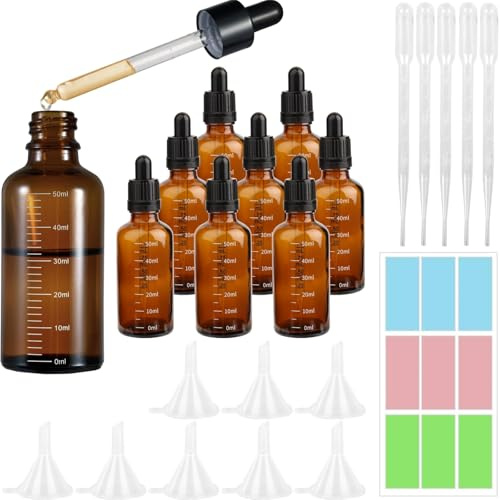 HhBdy 8 Stück Pipettenflasche 50ml, Anti-UV Tropfflasche aus Braunglas, mit 8 Trichter 5 Tropfer 1 Aufkleber, Braunglasflasche Ätherische Öle Parfümöle, Flüssigfarbstoffe