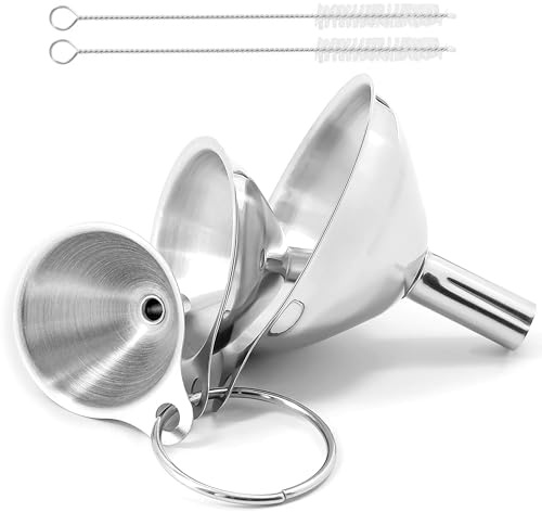 3pcs Stainless Steel Funnels with 2 Cleaning Brush, Stainless Steel Mini Kitchen/Hip Flask Funnel for Transferring Oil Salt Sugar Jam Liquids Powder (1.7Inch/2.2Inch/2.9Inch)