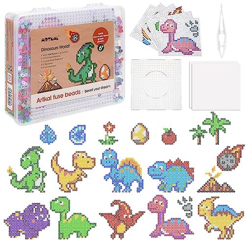 5000 Bügelperlen Set, 22 Farben Bügelperlen mit Bügelperlen Platten Steckperlen, mit 12 Muster Dinosaurier und Bügelpapier, zum Handwerk Kreative DIY Deko Geburtstag Geschenk für Kinder (5mm)