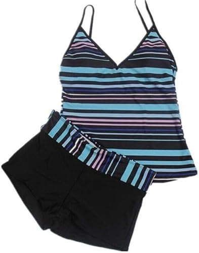 Women’s Two Piece Swimwear Gradient Color Tankini Set Top with Shorts Low Waist Sporty Swimsuit Bikini (UK, Numeric, 16, Regular, Regular, Standard, Black+Blue)