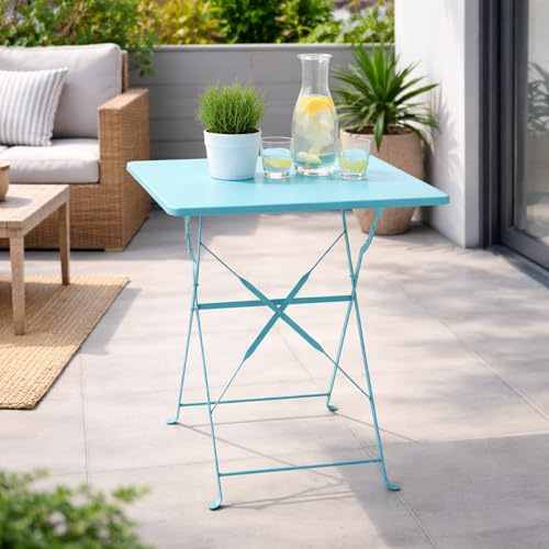 Mojawo Outdoortisch Bistrotisch Klapptisch Campingtisch Balkontisch Gartentisch Metall 60x60xH71cm Türkis Eckig klappbar