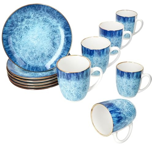 MamboCat Marina Service de petit-déjeuner 12 pièces I 6 petites assiettes à petit-déjeuner bleues et 6 tasses à café de 320 ml pour 6 personnes avec design maritime pour le petit-déjeuner et le café I