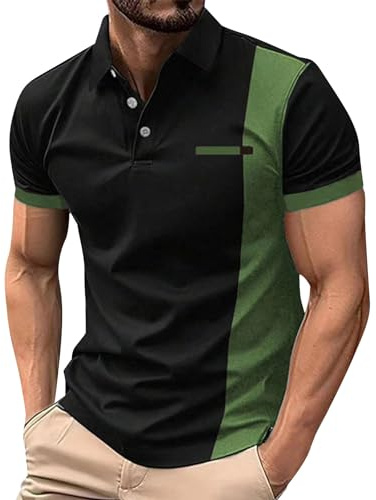 Polo Homme Manches Courtes Polos T Shirt à Rayures Poloshirt Été Casual Couleur Contrastée en Coton et Lin Teeshirt Vert 2XL