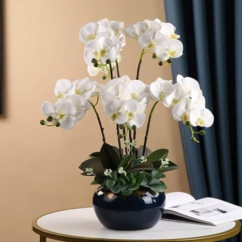 SdaryWare Orchidée Artificielle en Soie, Fleurs de phalaenopsis artificielles, Vase en céramique, Fleur Artificielle de 23,6 Pouces, Fausses orchidées pour la Maison, Fausses