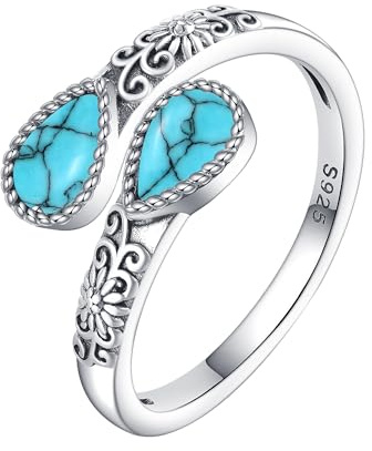 925 Sterling Silver Moonstone/Turquoise/Opal/Moss agate Rings for Women Adjustable Sunflower Thumb Ring Vintage Spoon Jewellery Gifts