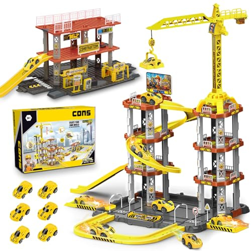 LumenVela Parking Coches Juguete, 142 PCS Garaje Coches Juguete 3 Plantas Garaje para Niños con 2 Plantas Gasolinera, 6 Coche, Grúa, Vía Giratoria, Regalo para Niños de 4, 5, 6, 7, 8, 9, 10 Años