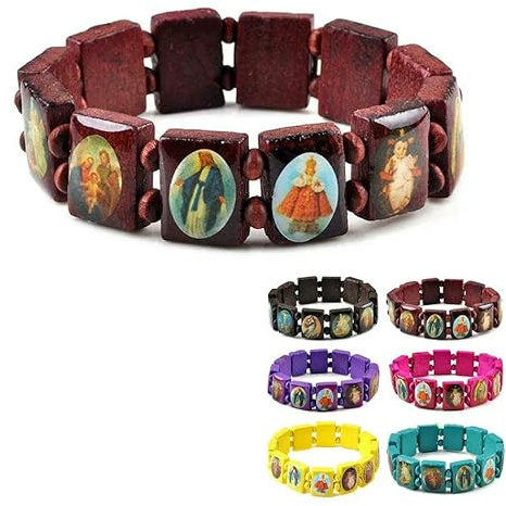 KOGMMYSEVP Elastisches, dehnbares Holzarmband mit Bildern religiöser Heiliger Jesus und Rosenkranz, christliches Holzdesign, 18.5cm