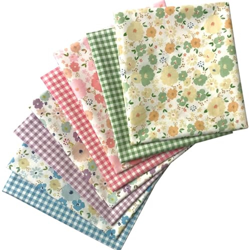 EXGOING 8PCS Cotton Fat Quarters Fabric Bundles 50x50cm (20x20)-High-Density Material for Sewing, Quilting & Patchwork for DIY-Animal, Floral, Polka Dot, Check Patterns (8pcs Plaid & Print Mix)
