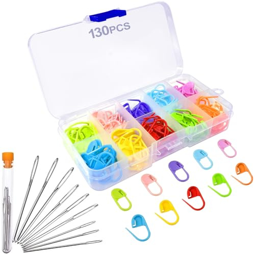 Redamancy 130 accessori uncinetto, 10 colori segnapunti maglia, segnapunti uncinetto, segnamaglie per Lavoro a maglia, 9 aghi da cucito con foro grande, con scatola per progetti fai da te all'uncinett