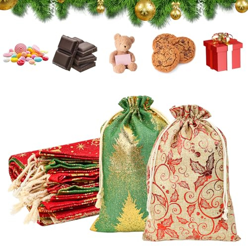 VGECEE 10 Stück Weihnachten Geschenkbeutel mit kordelzug 20×30cm Weihnachtssäckchen Jute Geschenksäckchen Geschenktasche Weihnachten Geschenktüten Stoffbeutel Weihnachtsbeutel zum Befüllen