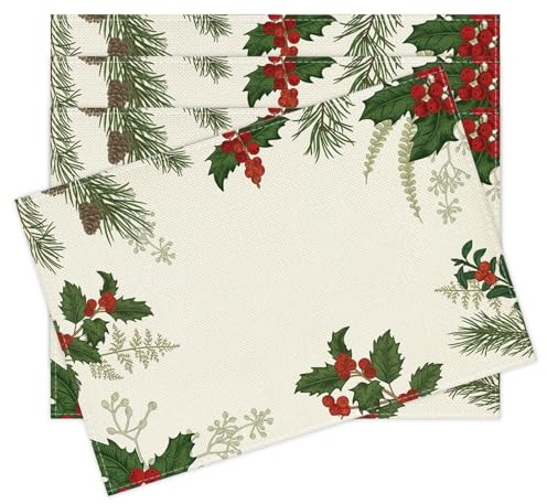 Set di 4 Tovagliette Natale 30 x 45 cm Sottopiatto Natalizio Lavabili Lino Tovaglietta Americane Natalizie Stoffa per La Colazione, La Cucina, Il Tavolo da Pranzo, Le Riunioni (Bacche rosse A)