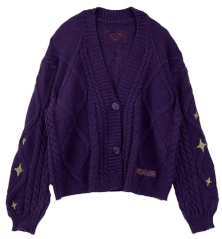 OUMSHBI Strickpullover Damen Cardigan V-Ausschnitt Strickjacke mit Knöpfe Fall Winter Stern Print Pullover Lila Strickwaren Langarm Knopfpullover Modische Streetwear Sweater Damenpullover