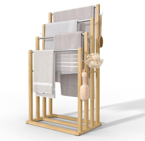 VOUNOT ® Porte-Serviettes autoportant sur Pied Support à 4 Niveaux en Bambou Rangement Stable avec Crochets pour Serviettes de Bain et Accessoires Idéal à Côté de la Douche Baignoire ou Lavabo