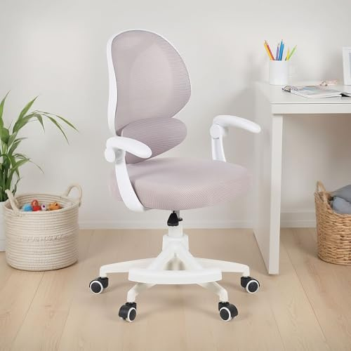 IDIMEX Schreibtischstuhl ISLA mit Fußstütze, Grau – ergonomischer Schreibtischstuhl für Kinder und Jugendliche, höhenverstellbar, drehbar mit Lendenstütze, atmungsaktiver Netzrücken, Armlehnen