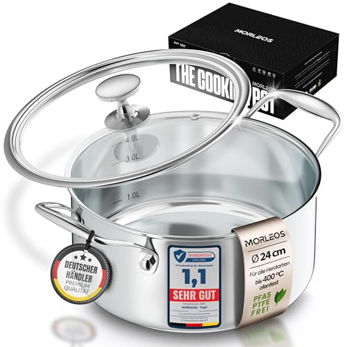 Morleos Olla para sopa de 24 cm de diámetro, 4,7 l, 2,5 kg, altura 12 cm, olla de acero inoxidable apta para inducción, apta para lavavajillas, moderna tapa de cristal plana, 5 capas, olla pequeña de