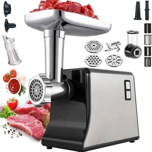 Tritacarne elettrico - Utensile da cucina multifunzionale con 3 piastre di taglio e kit, passapomodoro, insaccatrice, tagliaverdure, grattugia e macchina per insalata