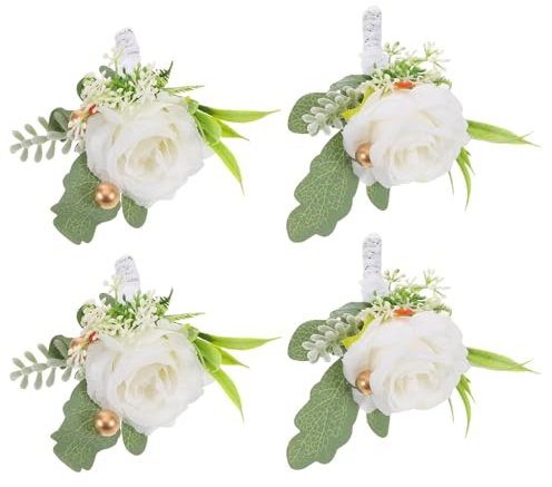 Angoily 4 Stück Künstliche Blumen Boutonnières Lebensecht Hypoallergen Ansteckblumen für Hochzeit Brautjungfern und Trauzeugen Gold Cremefarben