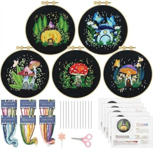 Hapterouse Stickset für Anfänger, 5er Set Komplettes DIY Stickerei Kit mit Stickrahmen, Nadeln, Schere & Einfädler, Pilz- und Schmetterlingsmotive, Kreatives Handarbeits- und Dekorationsset