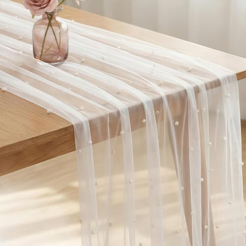 Tischläufer Tüll mit Perlen, 80 x 300cm Weiß Perlenspitze Tischdecke, Tischdeko Hochzeit, Hochzeitsdeko, für Küche Tisch Dekoration Drinnen Urlaub Hochzeitsbogen Geburtstag Party Dekor