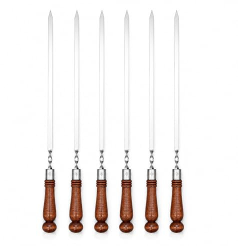 FlameFusion brochetas planas shashlik [cantidad a elegir] de acero inoxidable con mango de madera auténtica - para mangal, barbacoa & fuego de leña, hechas a mano 6 piezas