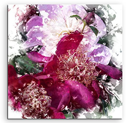 Sinus Art Leinwandbild 90x90cm Bild – Rosa und Pinke Blumen in Wasserfarben Optik