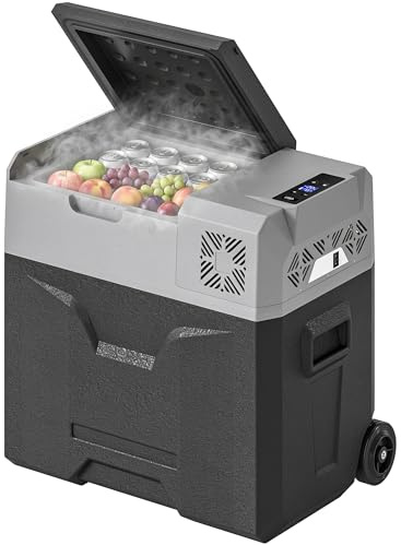 HOMCOM Glacière Electrique Voiture 50L - Réfrigérateur Portable à Compression, 12V/24V et 110V-240V, -20 ℃ à 20 ℃ - avec Poignée Télescopique et Roues, pour Voiture, Camion, Bateau, Camping, Caravanes