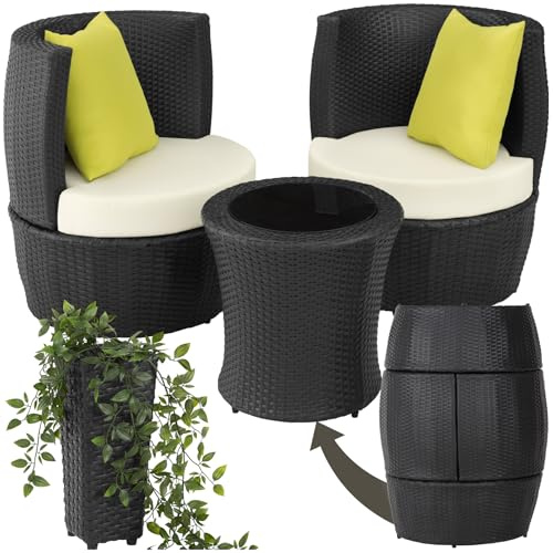 tectake® Rattan Set 2 Personen, Balkonmöbel, Aluminium Gartenmöbel Set, Outdoor Sitzgruppe mit 2X Stuhl, 1 Beistelltisch rund, 1 Vase, platzsparend zusammenschiebbar, mit Polster und Kissen - schwarz