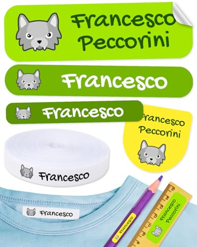 Pacchetto di 155 etichette personalizzate per contrassegnare abiti e oggetti. 100 Etichette di tessuto termoadesivo + 55 Etichette adesive in vinile. Mod: Storie