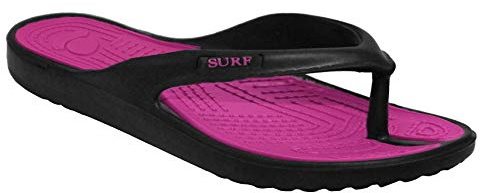 Surf Womens Ladies Slip On Eva Toe Post Beach Summer Pool Flip Flop Sandals Shoes Sizes UK 3-8 (Black/Fuchsia, Numeric_6)