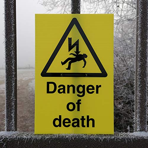 Danger Of Death - Electrical Warning Sign complete with drill holes and cable tie - 200mm x 300mm fluted plastic (corex) - To warn of potential electrical hazards