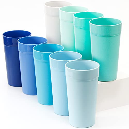 Youngever 18 Pack 600ML Plastic Cups, Re-usable Drinking Cups, Stackable Plastic Tumblers, Unbreakable Drinking Glasses, NO BPA, Top Rack Dishwasher Safe, in 9 Coastal Colors