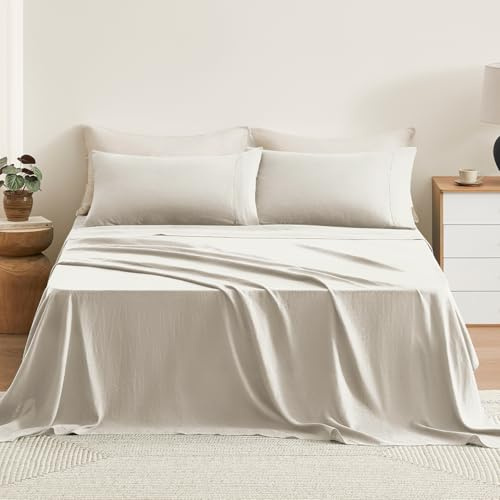 TOSMO Juego de sábanas de lino puro, 100% lino natural francés juego de 4 piezas (matrimonial, 1 sábana encimera, 1 sábana bajera, 2 fundas de almohada), lino natural