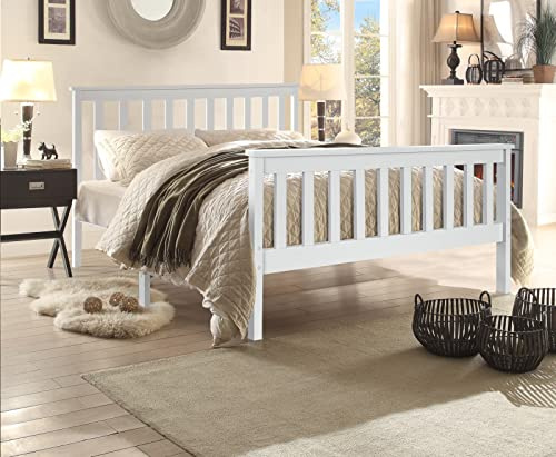 XEO HOME 4ft Small Double Wooden Bed, Pine Wood Frame Durable Stylish Modern White Finished Solid Headboard High Foot End Bedroom Furniture (4ft Small Double Bed Only)