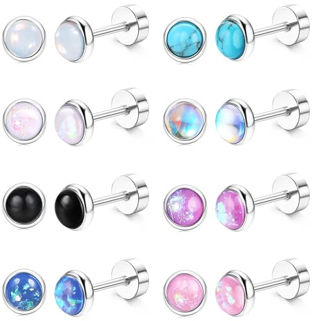 Chriscoco allergivänliga örhängen med platt baksida för kvinnor små kirurgiska stål tupplurar sovörhängen söt opal turkos månsten örhängen brosk helix tragus piercing silver dubbar örhängen 20 g, 6 mm