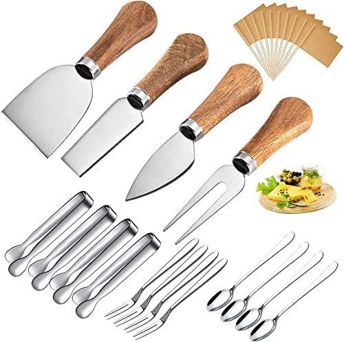 16Pcs Cheese Knives Set with Wooden Handle, Mini Steel Stainless Cheese knife set for Charcuterie and Cheese spread Mini Serving Tongs Spoons Forks Toothpick Flags for party Wedding Christmas