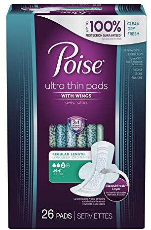 Poise, Ultra Thin Incontinence Pads with Wings Light Absorbency Bladder Control Pads, 26 Count