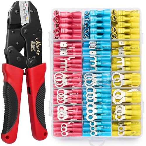Sopoby Crimping Tool For Heat Shrink Connectors with 300PCS Marine Grade Heat Shrink Wire Connectors - Tinned Red Copper - Electrical Crimping Tool - AWG 22-10 Electrical Ring Fork Spade Splice