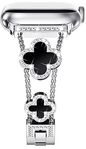 NewWays für Apple Watch Bling Armband 38mm 40mm 41mm 42mm,Silber | Frauen Diamant Edelstahl Metall Ersatzarmbänder Kompatibel mit iWatch Series 11/10/9/8/7/6/SE/5/4/3/2/1,Schwarzes Blatt