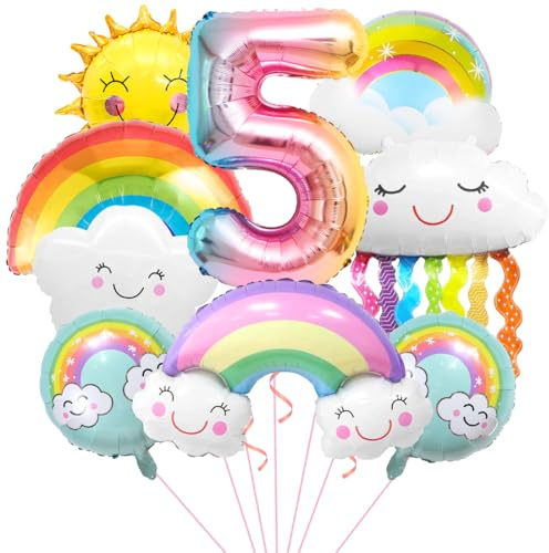 Regenbogen Geburtstagsdeko 5, Folienballon Wolken, Zahl 5 Ballon, Luftballons Wolken Quasten, Helium Ballon Sonne, für Jungen Mädchen Geburtstag Party Dekoration
